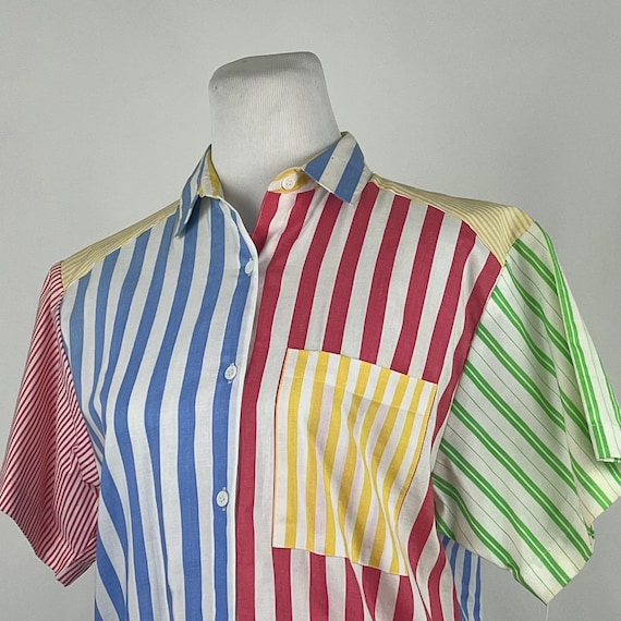 【WV PROJECT】Cool Summer Stripe Pigment Short-Sleeved Shirt Multi Color Stripe Shirt Small 80's Short Sleeve White Blue