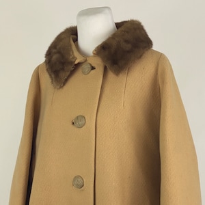 Tan Wool Coat XL Mink Collar 60's Women's Carved Buttons Overcoat Long Sleeve Mod Ivey's Charlotte Volup