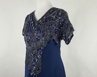 90s Sequin Beaded Silk Dress, AS IS beaded dress, Laurence Kazar Formal Gown (Small)