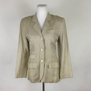 Linen Herringbone 90&#39;s Blazer 6 Small Georges Marciano Women&#39;s Power Suit Jacket Beige Off White Nineties Shoulder Pads Long Sleeve