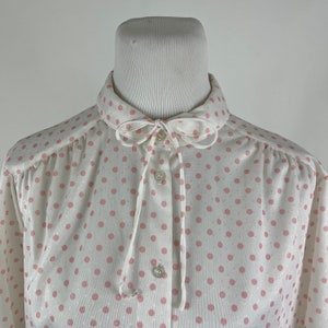 Pink Polka Dot Blouse Medium Pink White Shirt 70&#39;s Thin Bow Collar Lady Devon Short Sleeve Career Work Bubblegum Pink Tie Collar