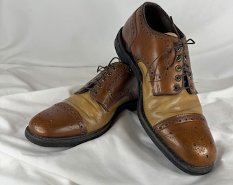 Tan Brown 8D Mens Semi Brogue Shoes Spectator Oxford Worthmore Florsheim 70's Leather Goodgear Welted Leather Upper Lace Up