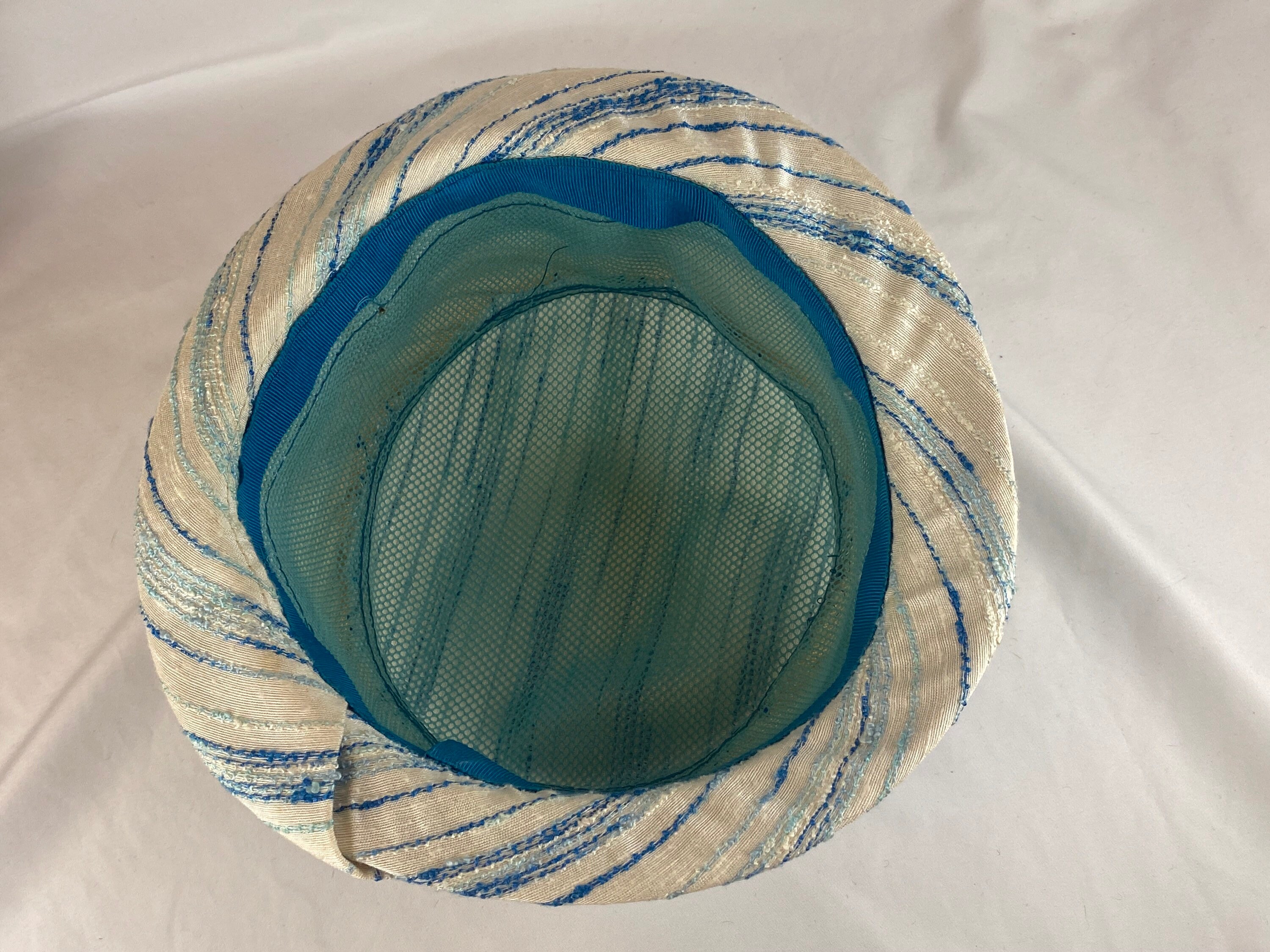 Vintage 60s Stripe Basket Hat - White, Blue, Teal, Boho - Etsy display picture 1