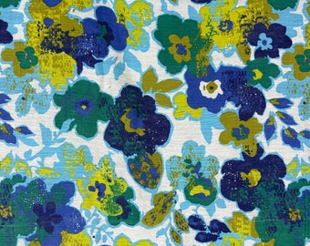 Blue Mod Floral Upholstery Fabric Yardage 60's 70's Cotton Psychedelic Green White Gold 45" Wide 2-1/2 yard panel 19" x 54" cut