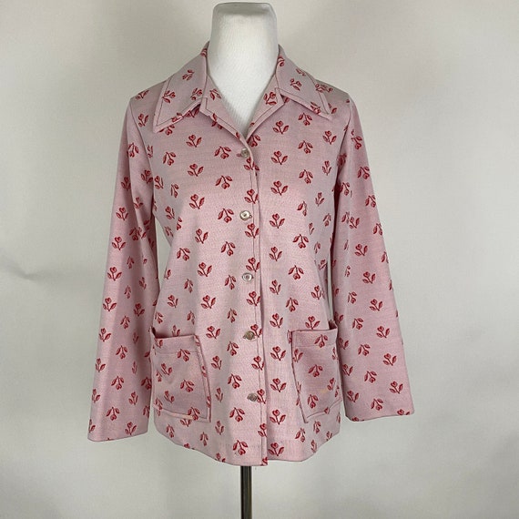 Pink 70's Polyester Blouse Small Red Roses Large … - image 1