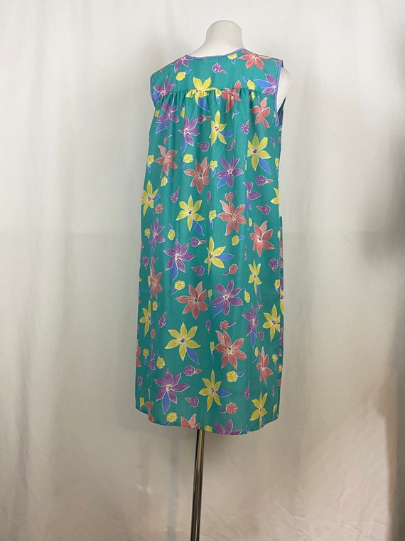 Teal Floral House Dress Small 80's Lounge Dress S… - image 4