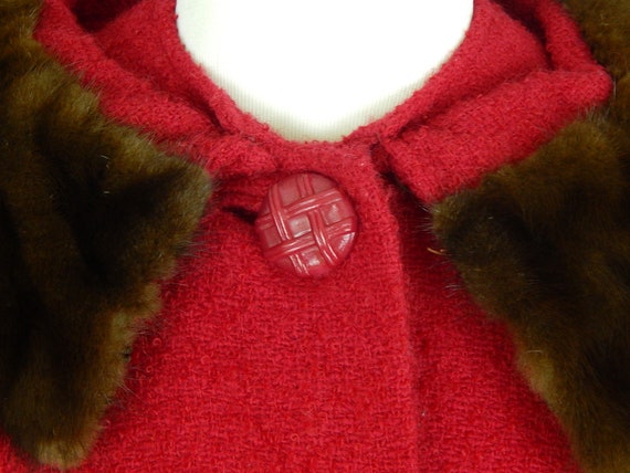 Red Wool Coat Mink Collar Medium M Jacket 3/4 Sle… - image 8