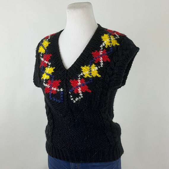 Black Argyle Knit Sweater Vest Large Women's 80s … - image 1