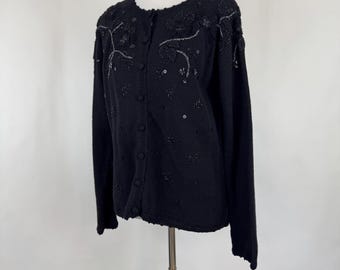 Y2K Black Embroidered Cardigan, Ramie Cotton Knit, Silver Flowers (Small)