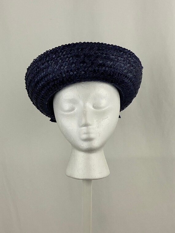 Blue Straw Rattan Breton Halo Hat Fifties Small 5… - image 3