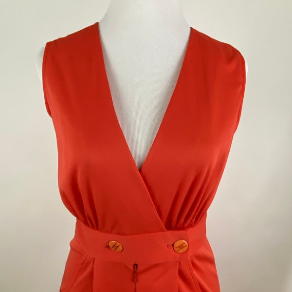 Tomate Rojo 70's Jumpsuit Small Deep V Neck Polyester Knit Sleeveless Mod Wide Leg Kim O'Hare de Miami Fla