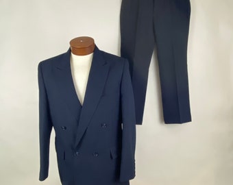 Navy Blue Pinstripe Suit Large 42R Doublebreasted 80's 42 Regular 35 Waist 29 Inseam Pleated Trousers Pants Two Piece Gino Capelli