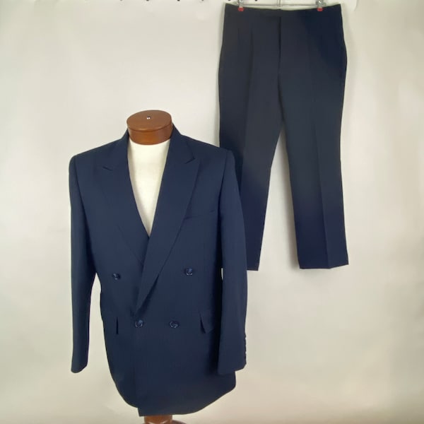 Navy Blue Pinstripe Suit Large 42R Doublebreasted 80's 42 Regular 35 Waist 29 Inseam Pleated Trousers Pants Two Piece Gino Capelli