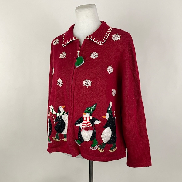 Ugly Christmas Sweater Medium Heirloom Collectibles Pinguïns op schaatsen Sneeuwvlokken Dit zou de Ugly Sweater Contest kunnen winnen Kerstmis