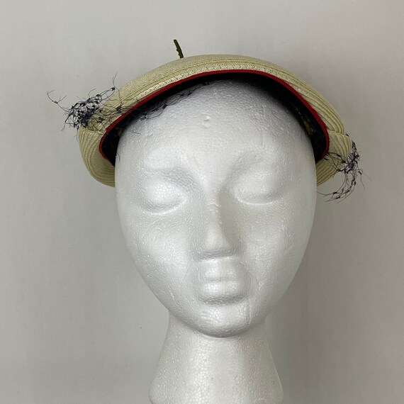 Cream Calot Hat Small Flower AS IS Black Netting … - image 3