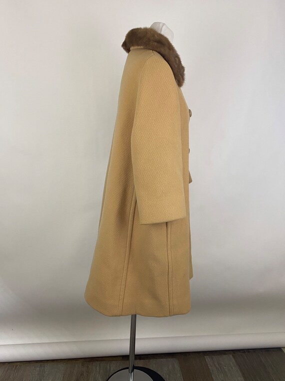 Tan Wool Coat XL Mink Collar 60's Women's Carved … - image 5