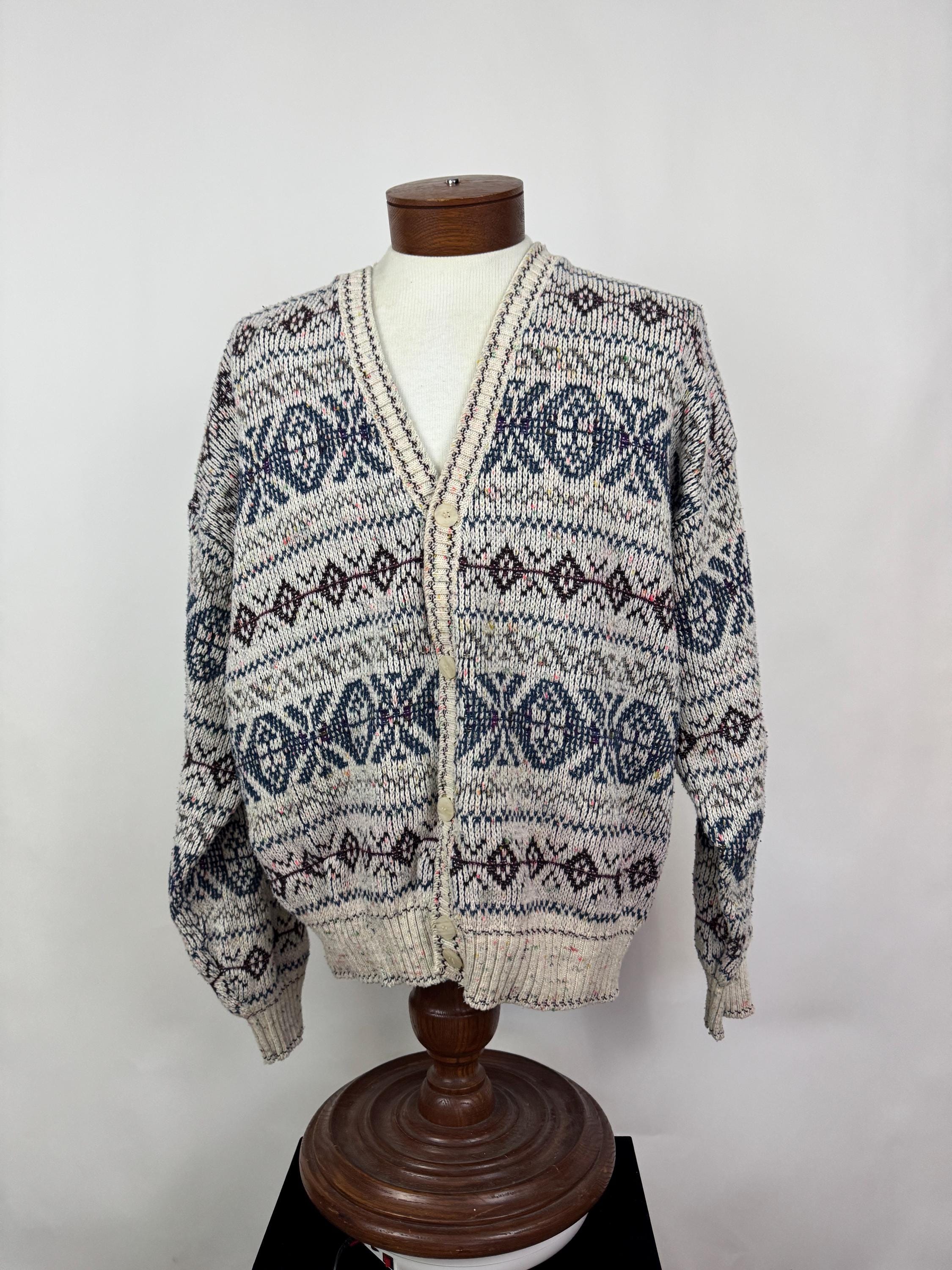 Geometric 80's Cardigan Sweater XL Cream Blue Brown X O