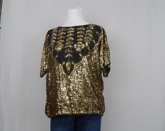 Black Gold Sequin Blouse OSFM Free Size Medium Pearls Shirt Short Sleeve Leaf Flower Silk 90's Nineties Made in India Formal New Years