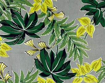 Gray Green Tiki Upholstery Fabric Yardage 50's Twill Philodendron White Cotton Hawaiian 34" Wide 34" plus 3 panels