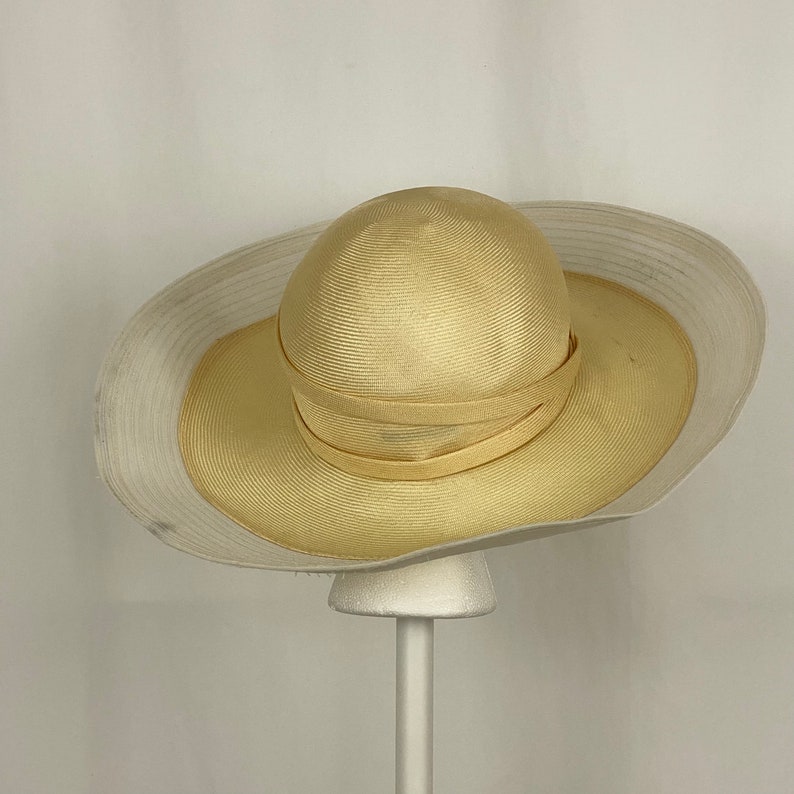 Beige Straw Platter Hat Oscar de la Renta Millinery Medium Cartwheel Hat Nylon Trim 80's Eighties Summer Wedding Garden Party Derby Hat image 5