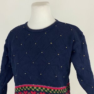 Blue Gold Holiday Sweater PS Petite Small Cropped Ugly Christmas Red Green Knit Metallic Crew Neck Pullover Lizsport Geometric