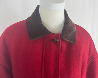 Abrigo de lana rojo estilo años 80: cuello de gamuza marrón, mangas murciélago (talla L)