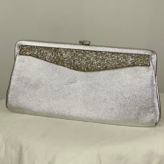 Silver Evening Bag Purse Clutch Silver Lame  Butt… - image 1