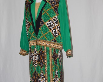 Cheetah Print Skirt Suit Large Animal Print Jacket Pleated Green Gold Lattice Chain 8 Howard Wolf 90's Nineties Blazer