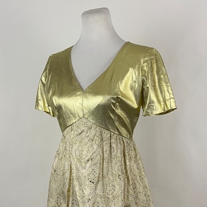 Gold Metallic Damask Dress Small 60&#39;s Formal Short Sleeve Shimmery Gold Lame Dress V-Neck AS IS Fit and Flare