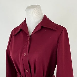 Burgundy Red 70&#39;s Blazer Medium Women&#39;s Jacket Large Collar Long Sleeve Tie Waist Polyester Knit Pockets Mod Groovy