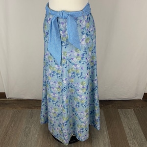Blue Boho 70&#39;s Maxi Skirt Small Sparkle Silver Metallic Purple Floral Long Skirt Wrap Belt Formal Mod Women&#39;s Hippie