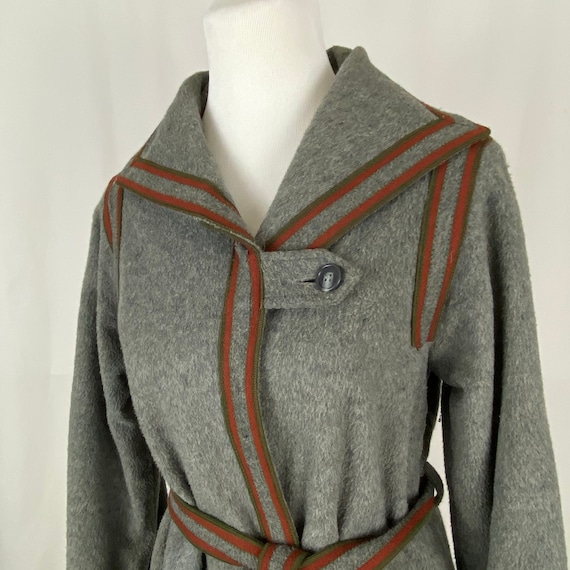 Gray Red Wool Seventies Coat Small 70’s Belted Re… - image 2