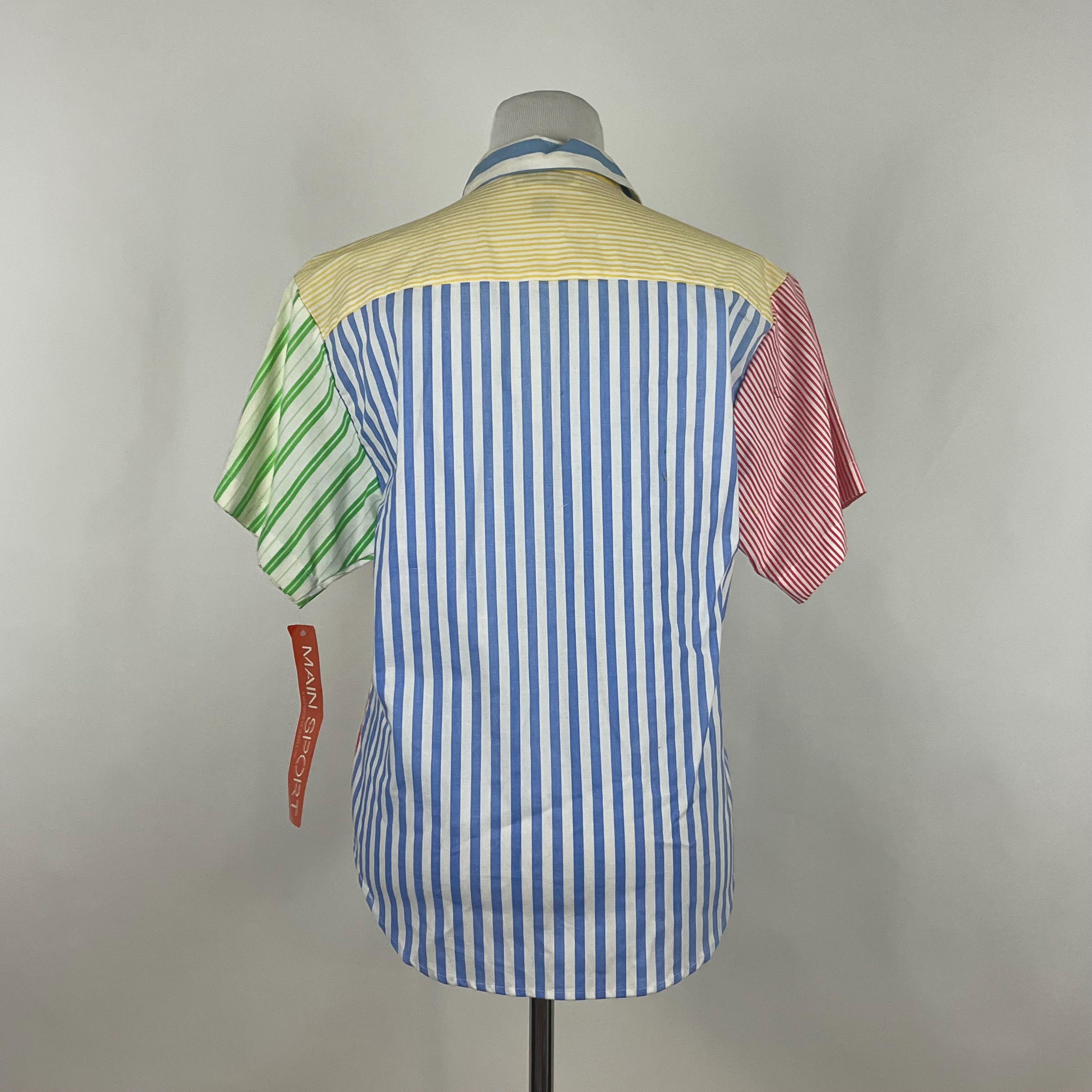 Multi Color Stripe Shirt Small 80's Short Sleeve White Blue Multi Color Stripe Shirt Small 80's Short Sleeve White Blue