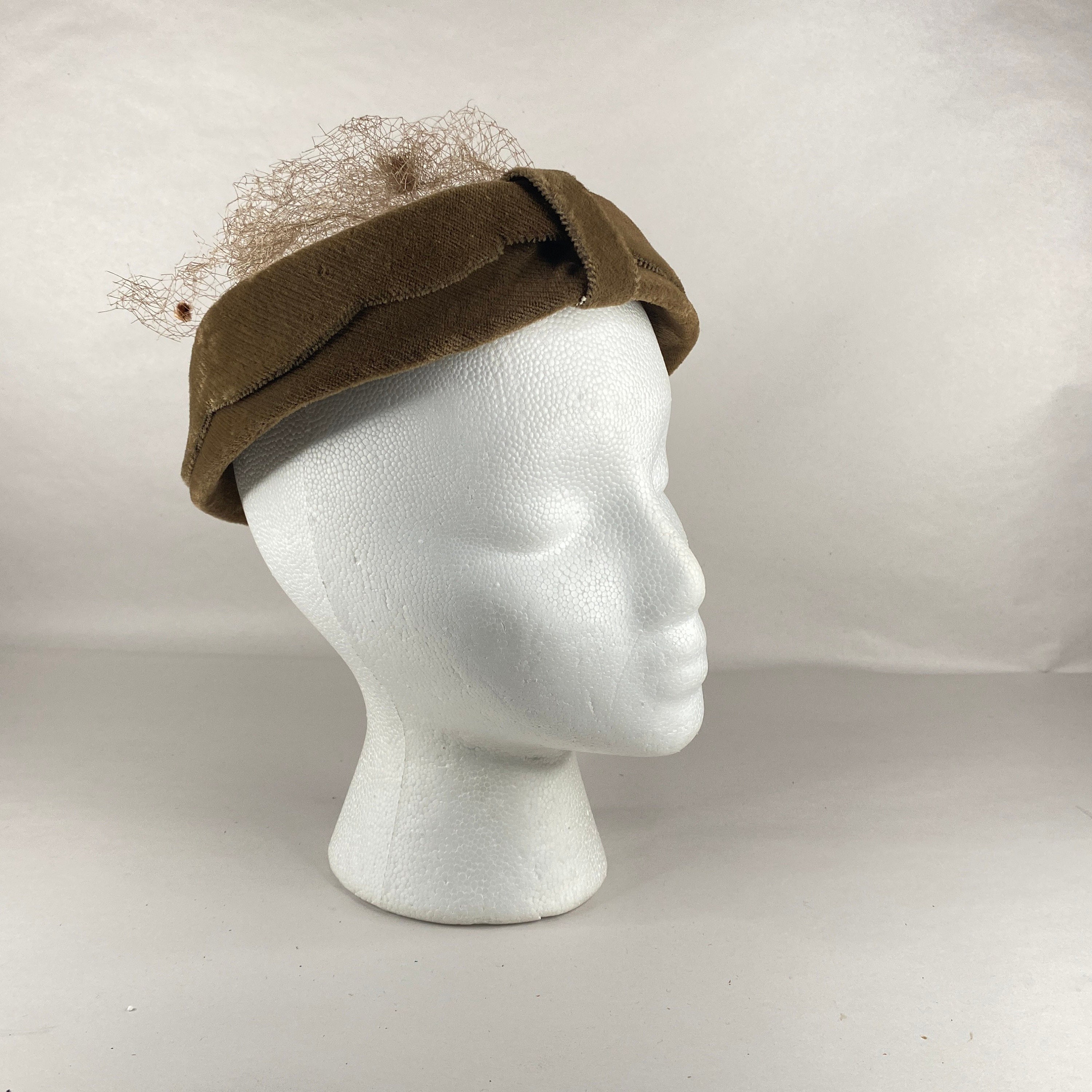 Vintage Brown Velvet Fascinator Hat Feather Accent Mesh Birdcage Veil Wedding Brown Fascinator With Veil - Etsy main image 4