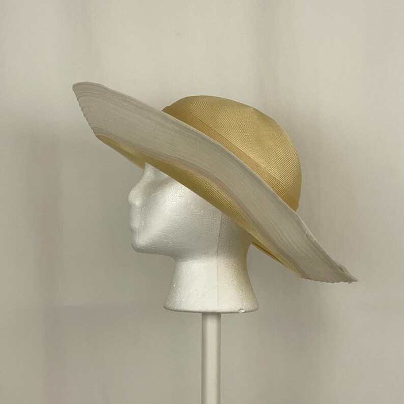 Beige Straw Platter Hat Oscar de la Renta Millinery Medium Cartwheel Hat Nylon Trim 80's Eighties Summer Wedding Garden Party Derby Hat image 2