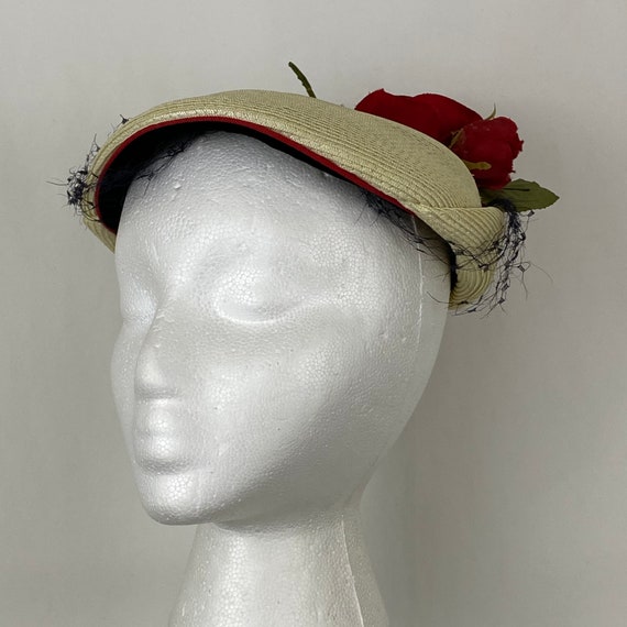 Cream Calot Hat Small Flower AS IS Black Netting … - image 2