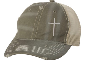 Cross Embroidered Cap | Dirty Washed | Mesh Back | Faith | Christian Hats