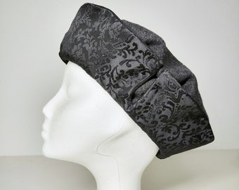 Late medieval headpiece, XV century gray and black woolen, linen and brocade hat for historical characters, head complement for larp.
