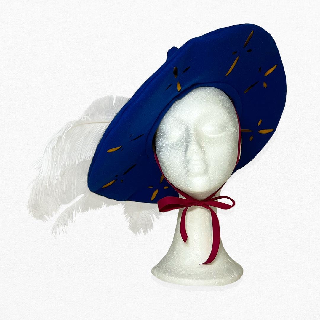 羽飾りのついたランツクネヒト傭兵帽子、16世紀ドイツ製、大きな青い