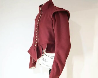 Renaissance wool doublet in burgundy, 17th century historical jacket with matching trims, reenactment and LARP costume made to measure