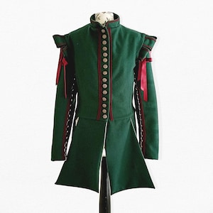 Gilet Renaissance en laine avec manches amovibles et boutonnées. Veste Tudor à basques pour reconstitution historique et GN.