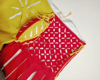 Landsknecht red and yellow woollen hose, German renaissance slashed pants for historical reenactment and LARP, late medieval pants