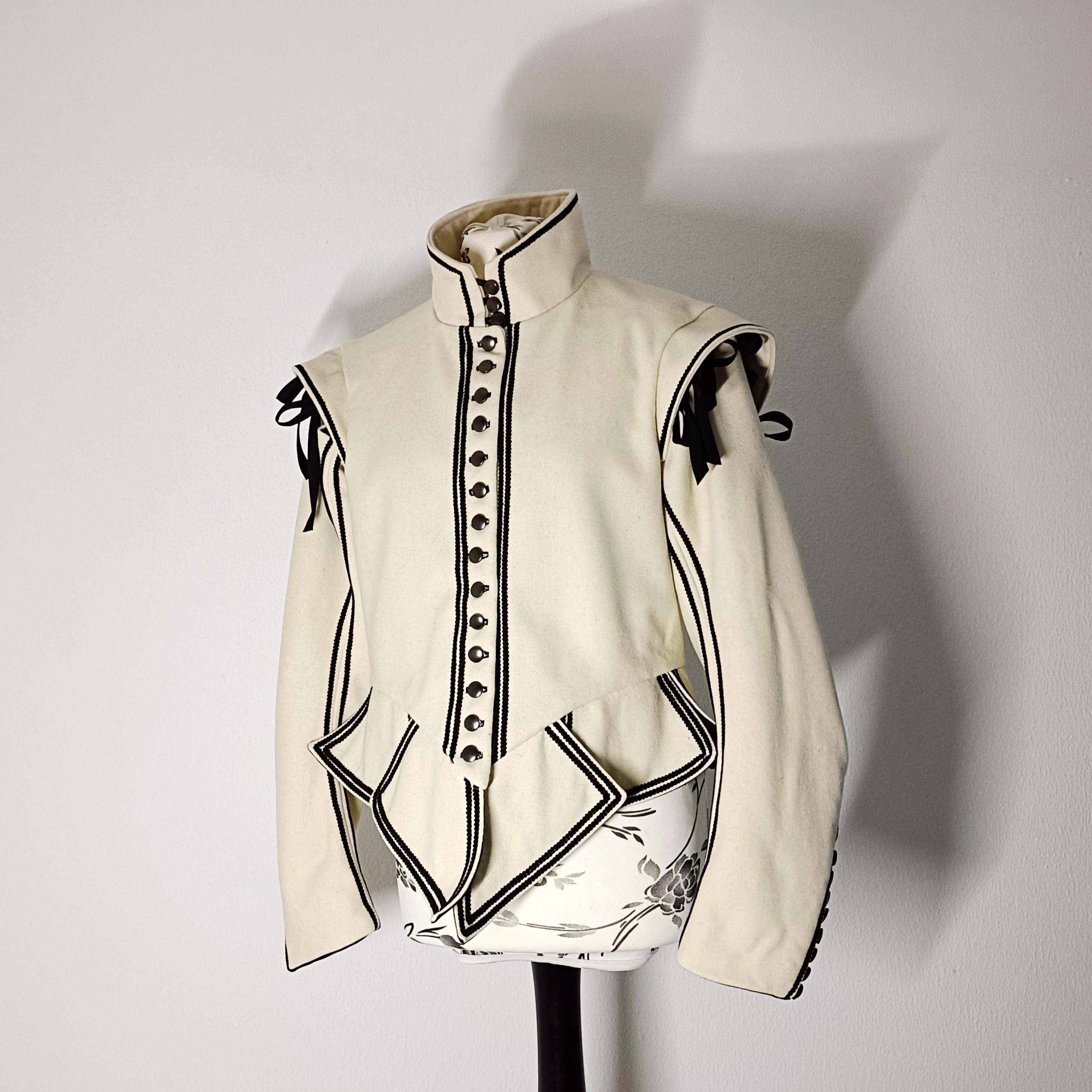 White Wool Renaissance Doublet With Black Trim, Historical 17th