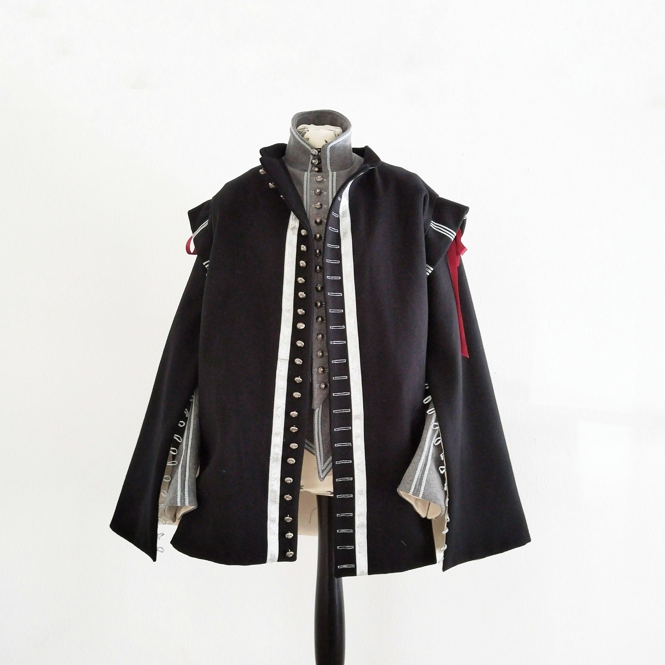 Musketeer Black Cassock, Cloak or Cape Made of Wool With Gold