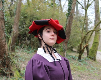 Landsknecht red and black cap, slashed woollen and linen renaissance barett for historical reenactment and LARP, 16th century barett