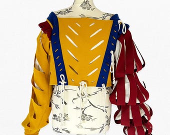 Landsknecht slashed doublet in mustard blue and burgundy, 16th century Renaissance reenactment clothing, handmade historical LARP doublet