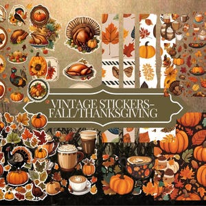 Vintage herfst Ephemera-stickers: Thanksgiving-plakboekkit (digitale download, jpeg, 5 pagina&#39;s)