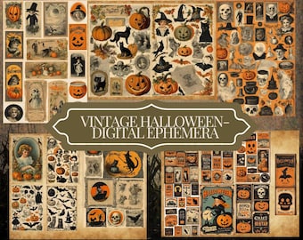 May include: A collage of vintage Halloween-themed digital ephemera. The collection features pumpkins, black cats, witches, skulls, and other spooky illustrations in orange, black, and cream tones. The text "VINTAGE HALLOWEEN - DIGITAL EPHEMERA" is displayed in a brown frame.