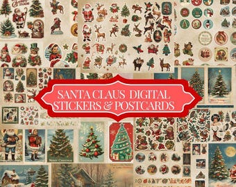 Pack de artículos navideños vintage: pegatinas y postales digitales