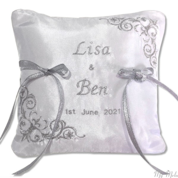 Personalised Wedding Bearer Ring Pillow Cushion, Silver Metallic Embroidered White Satin,  Beautifully Handmade in Cornwall, Wedding Gift